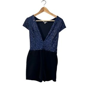 Blue and Black Sequin Romper V neck